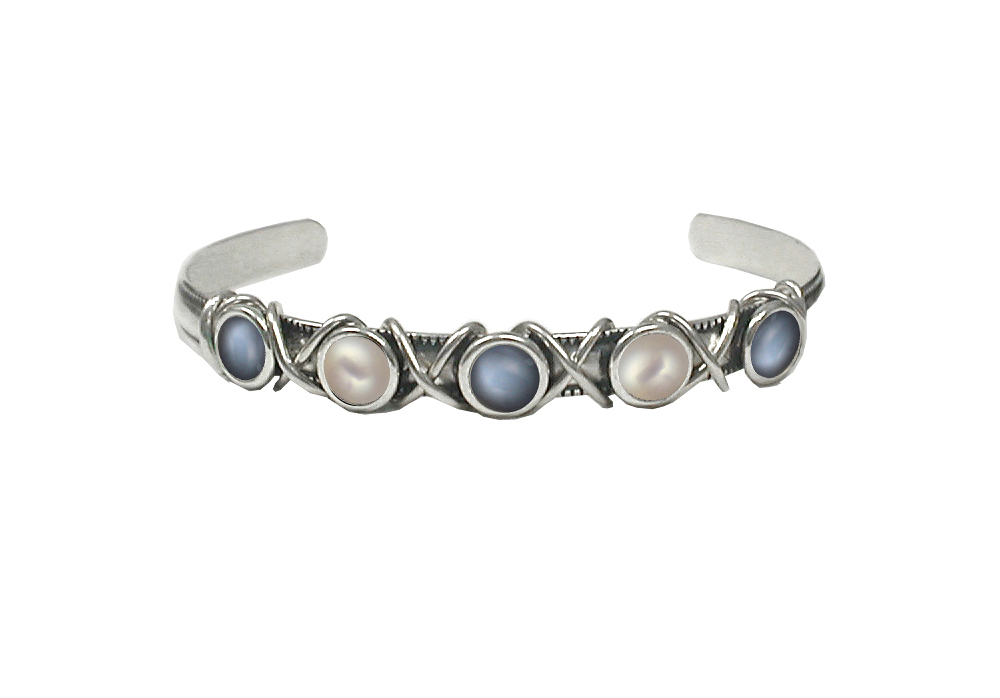 Sterling Silver Cuff Bracelet With Grey Moonstone And Cultured Freshwater Pearl